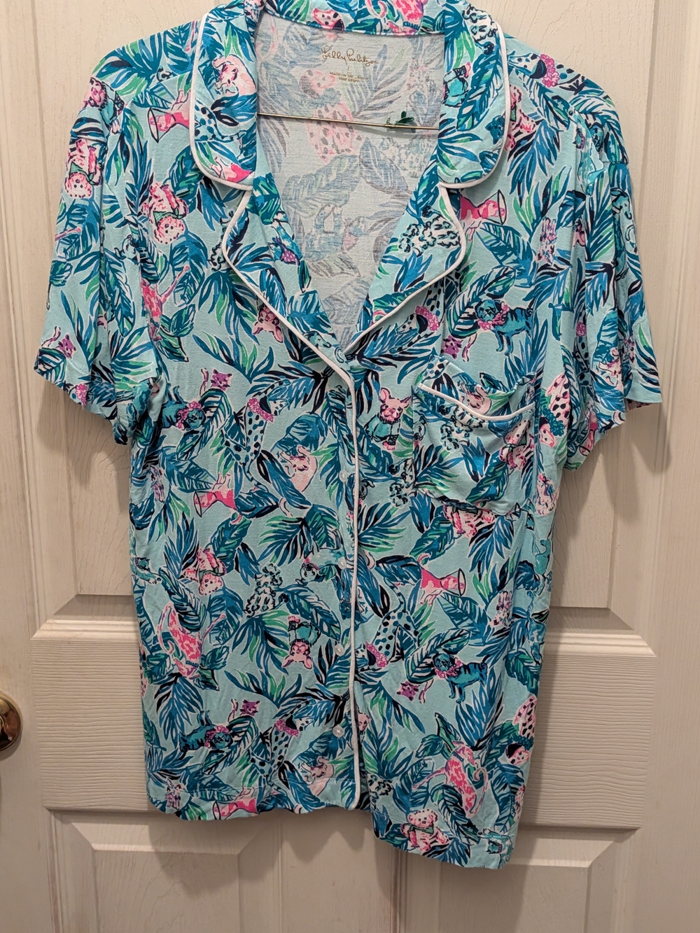 Lily Pulitzer Women's Tropical Leaf Short-Sleeve Pajama Top - Light Blue & Pink